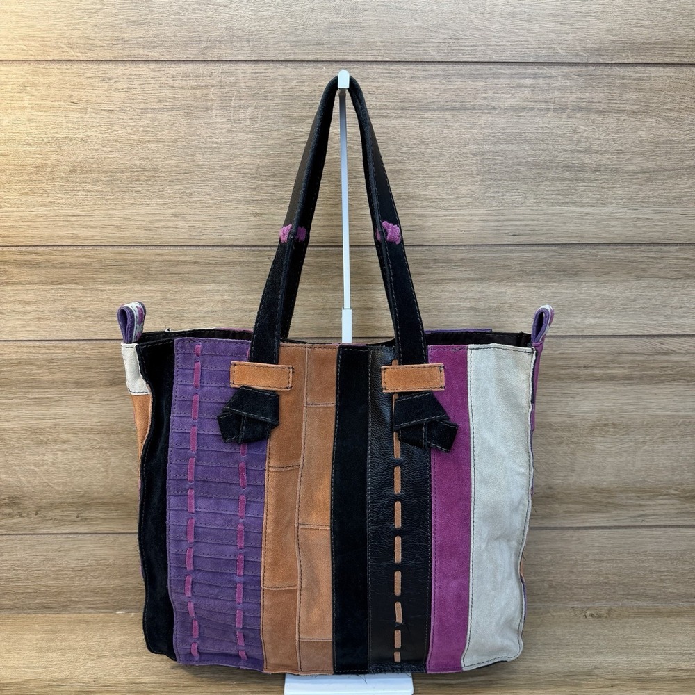Vintage Lucky Brand Suede Leather Patchwork Tote Bag Multicolor Y2K Boho Hippie